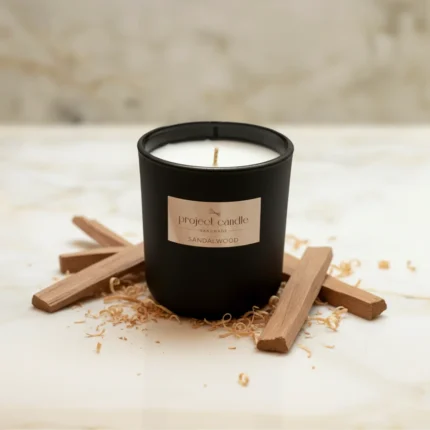 Χειροποίητο αρωματικό κερί Sandalwood σε μαύρο γυάλινο δοχείο, με ζεστό ξυλώδες άρωμα σανταλόξυλου.