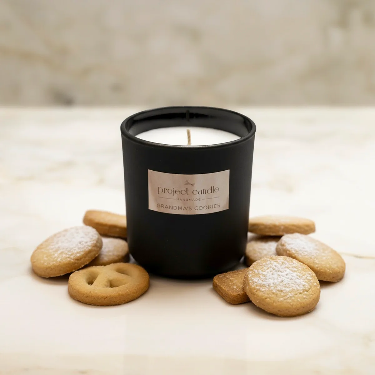 Χειροποίητο αρωματικό κερί Grandma's Cookies σε μαύρο γυάλινο δοχείο, με γλυκό άρωμα φρεσκοψημένων μπισκότων.