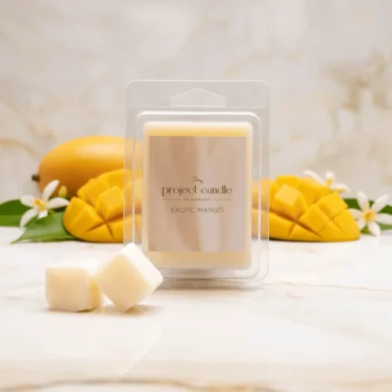 Αρωματικά wax melts Exotic Mango σε συσκευασία 6 φυτικών κύβων 75gr, με εξωτικό φρουτώδες άρωμα.