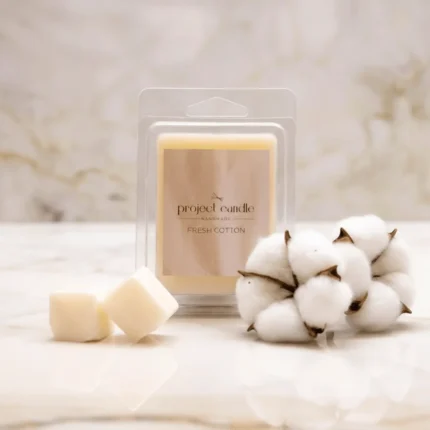 Wax melts σόγιας Fresh Cotton σε συσκευασία 6 φυτικών κύβων κεριού 75gr, με άρωμα καθαριότητας και φρεσκάδας.