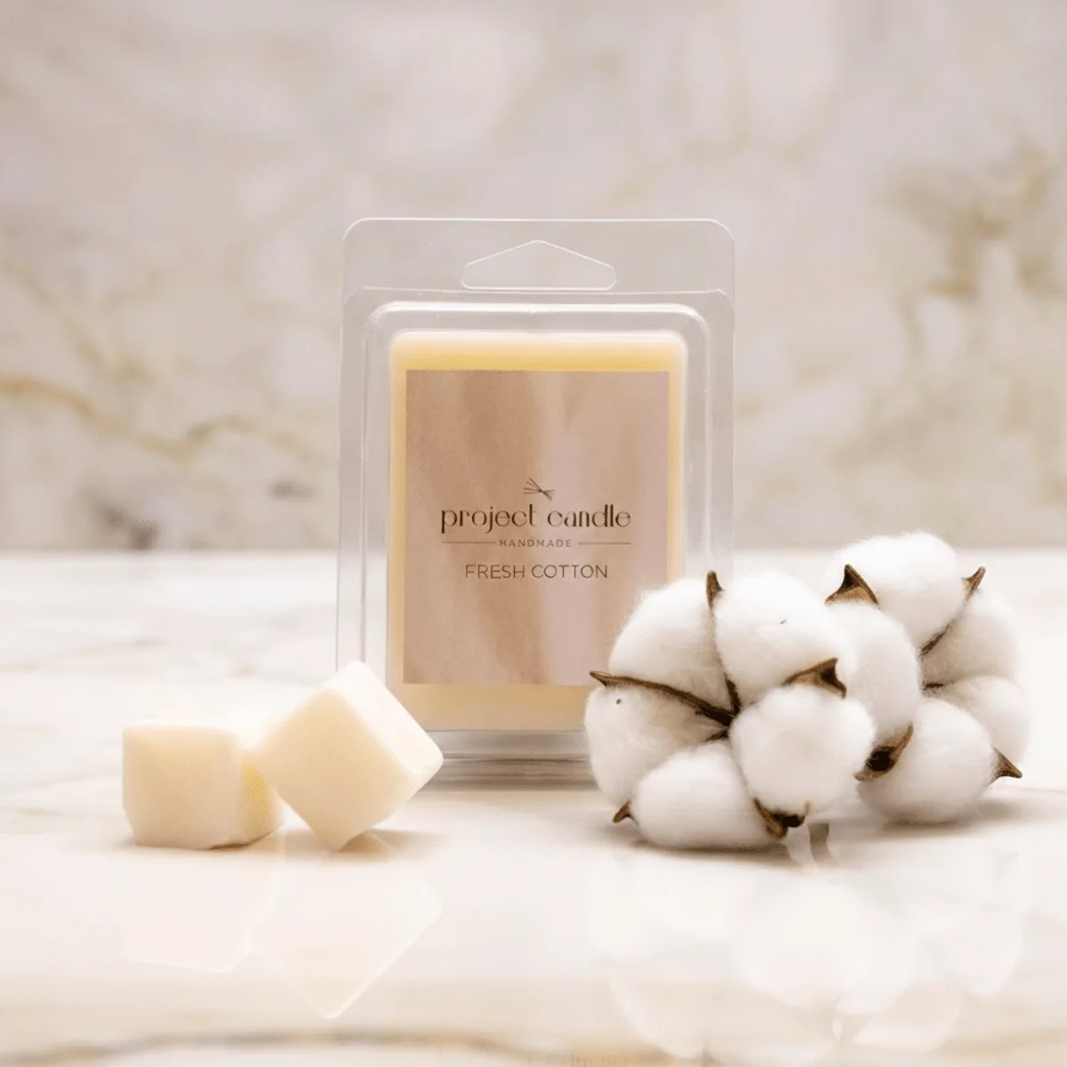 Wax melts σόγιας Fresh Cotton σε συσκευασία 6 φυτικών κύβων κεριού 75gr, με άρωμα καθαριότητας και φρεσκάδας.